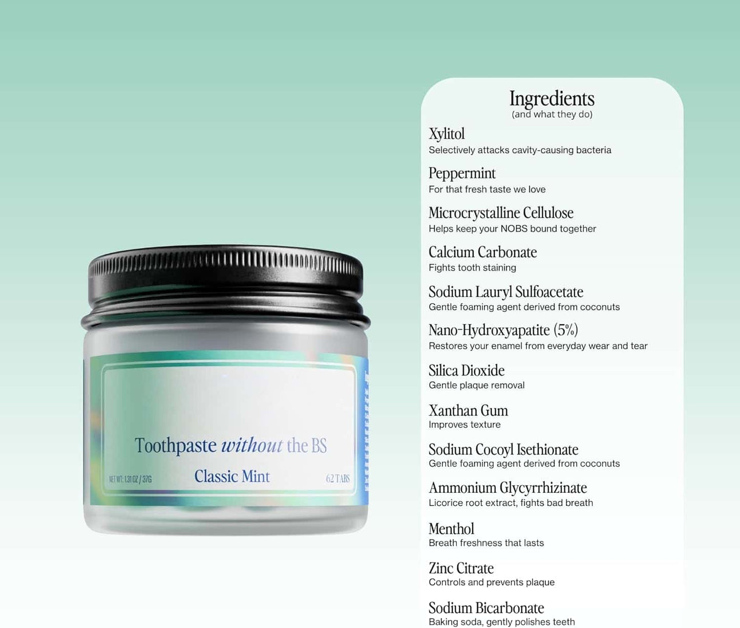 Toothpaste Tablets - Nano Hydroxyapatite, Fluoride & Plastic Free, Eco & Travel Friendly - Remineralize with NHA (1 Month)